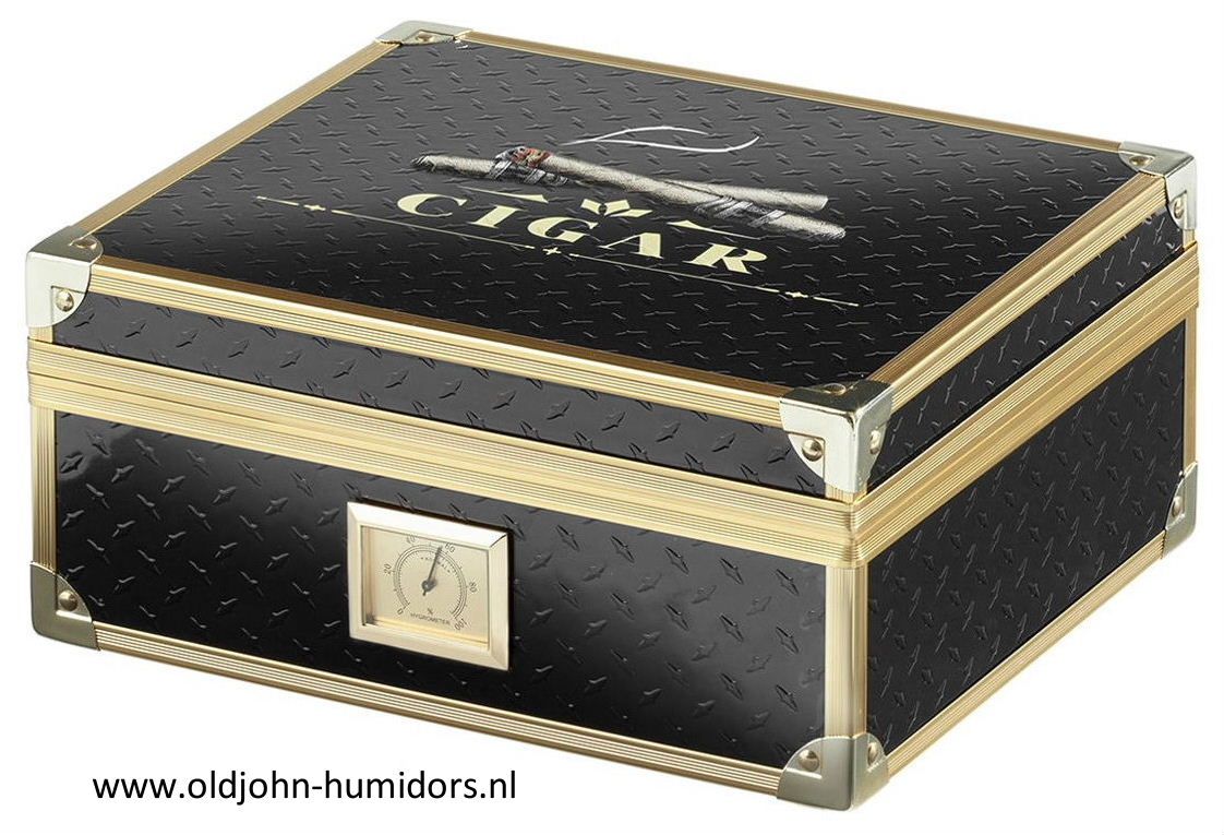 H31 humidor Zwart met messing frame / applicaties, chique hygrometer, verkoop via oldjohn-humidors.nl