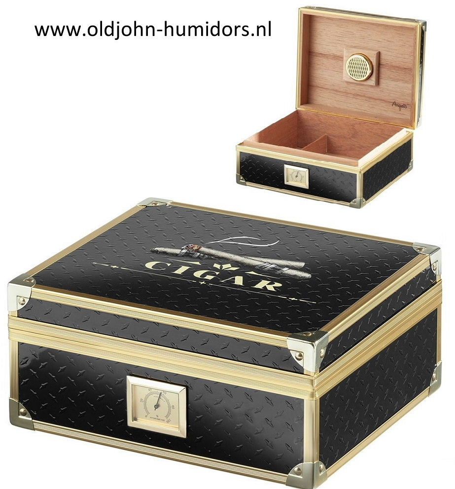 H31 humidor Zwart met messing frame / applicaties, chique hygrometer, verkoop via oldjohn-humidors.nl