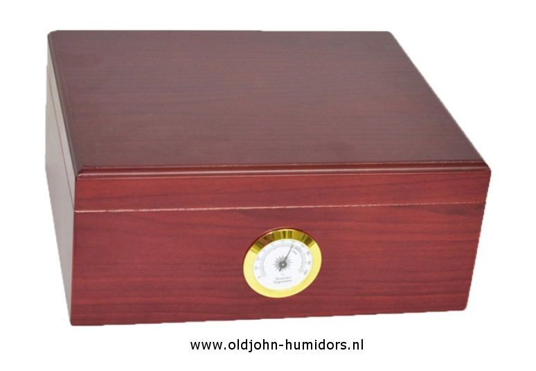 H34 humidor Warm Burl Finish hygrometer aan buitenzijde afleesbaar 50 sigaren verkoop via oldjohn-jhumidors.nl