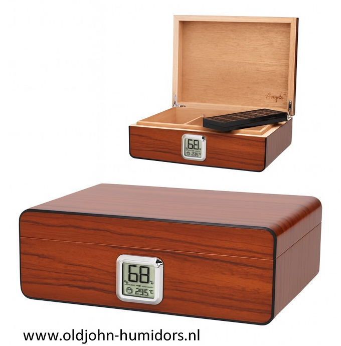 H35 ANGELO® PREMIUM MERK HUMIDOR  DIGITALE HYGROMETER 
Mat bruin met houtnerf design 
Gratis sigarenknipper 20-30 sigaren.