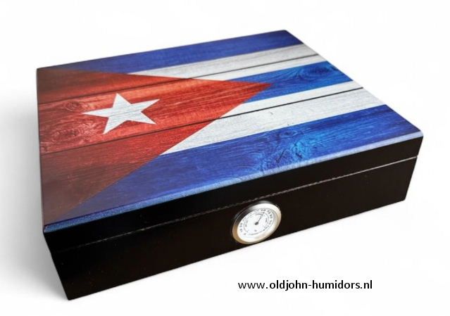 Humidor met houtstructuur en Cuba Vlag - hygrometer aan buitenzijde afleesbaar | Old John Humidors