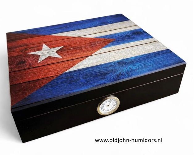 Humidor  met houtstructuur en Cuba Vlag - hygrometer aan buitenzijde afleesbaar | Old John Humidors