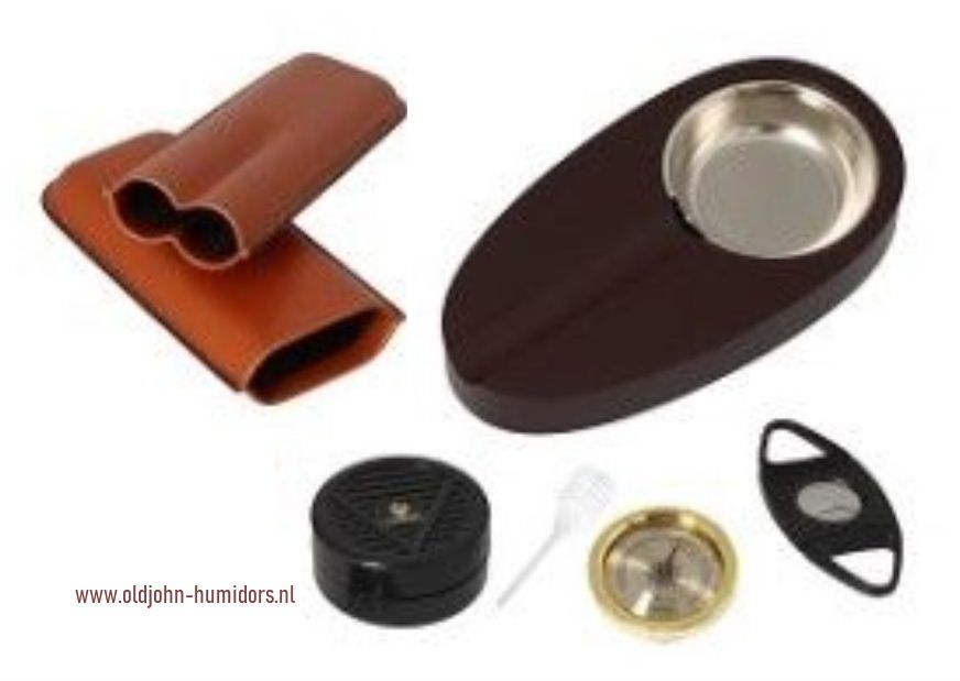 H72 humidor giftset startset  zwart met zwart met bijpassende asbak en  luxe RVS knipper, hygrometer met zwarte wijzerplaat. Verkoop via www.oldjohn-humidors.nl