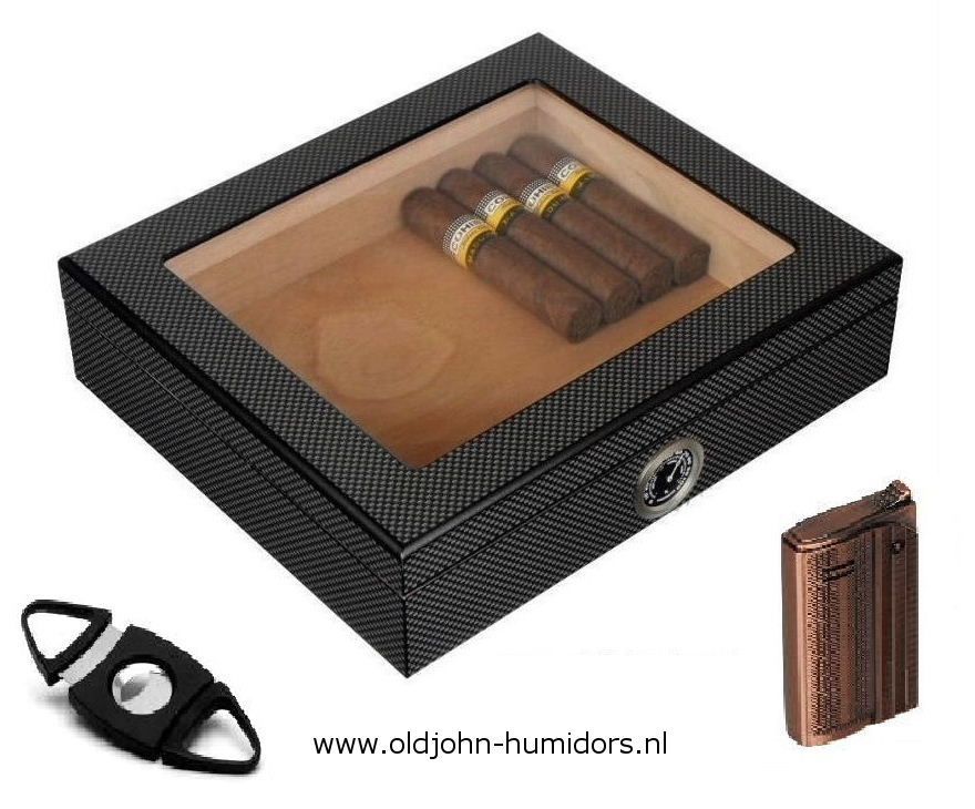 H78CB humidor giftset startset carbon edition met jetflame aansteker en sigarenknipper. verkoop via www.oldjohn-humidors.nl