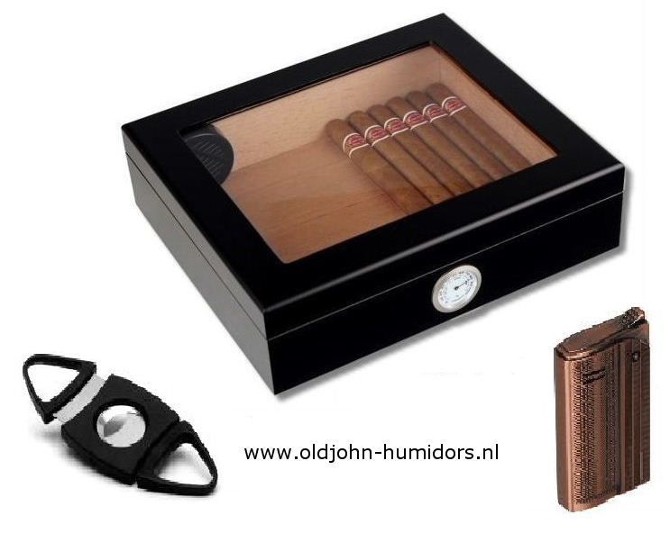 H78ZW humidor giftset startset black edition met jetflame aansteker en sigarenknipper. verkoop via www.oldjohn-humidors.nl
