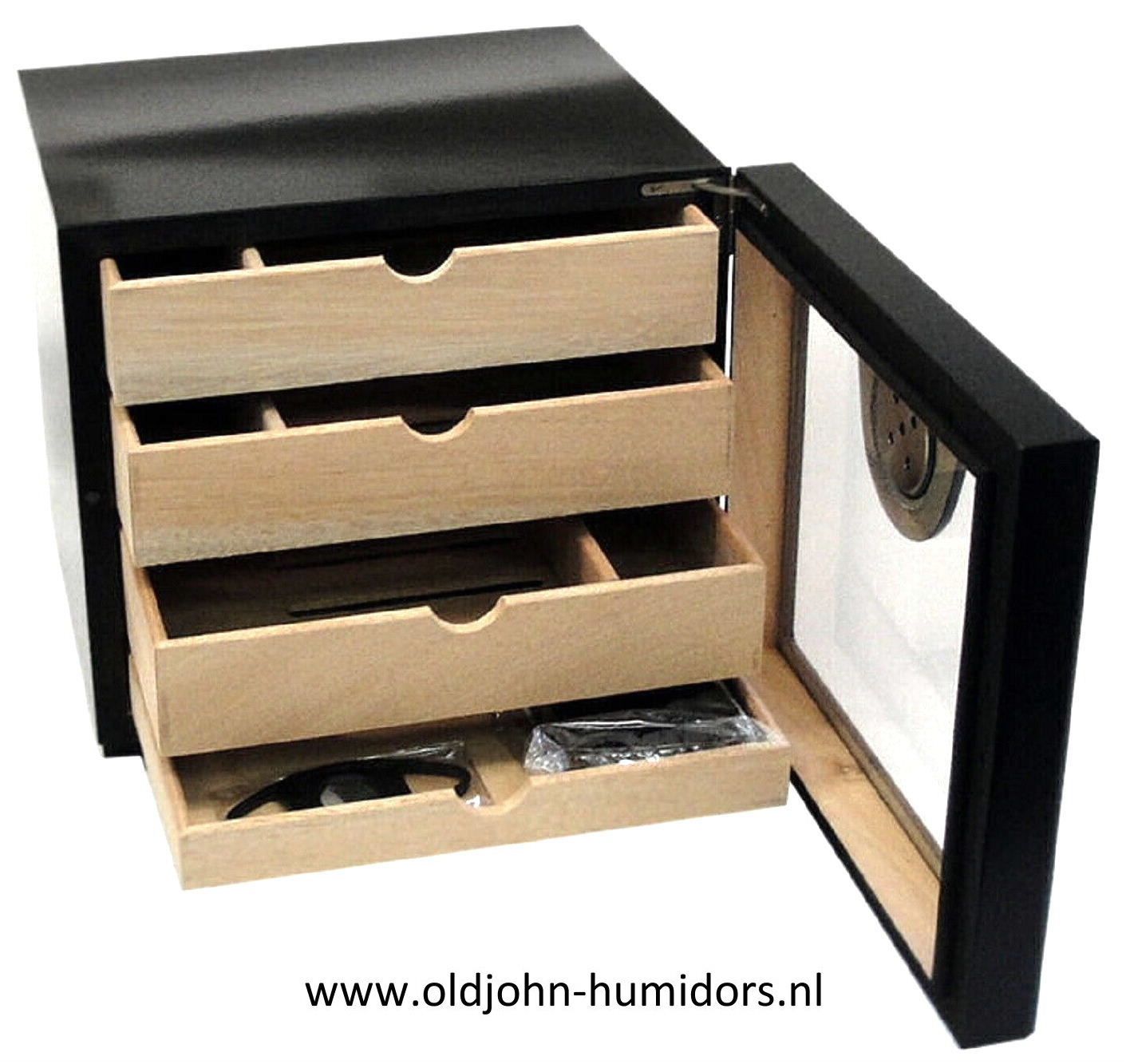 humidor kabinet met 4 laden zwart en zwarte hygrometer