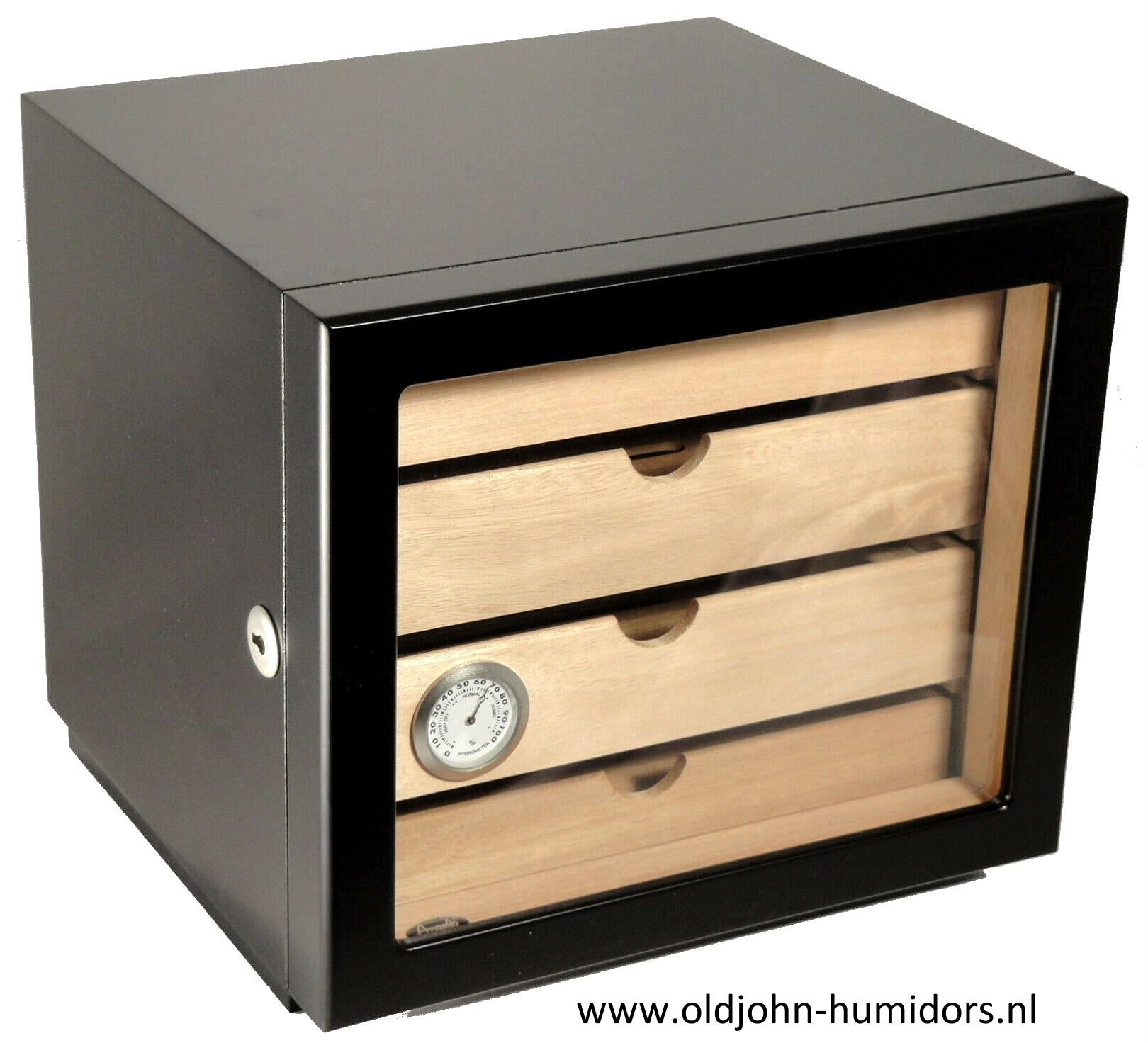 humidor Kabinet 4 laden Zwart met asymmetrisch geplaatste hygrometer en slot