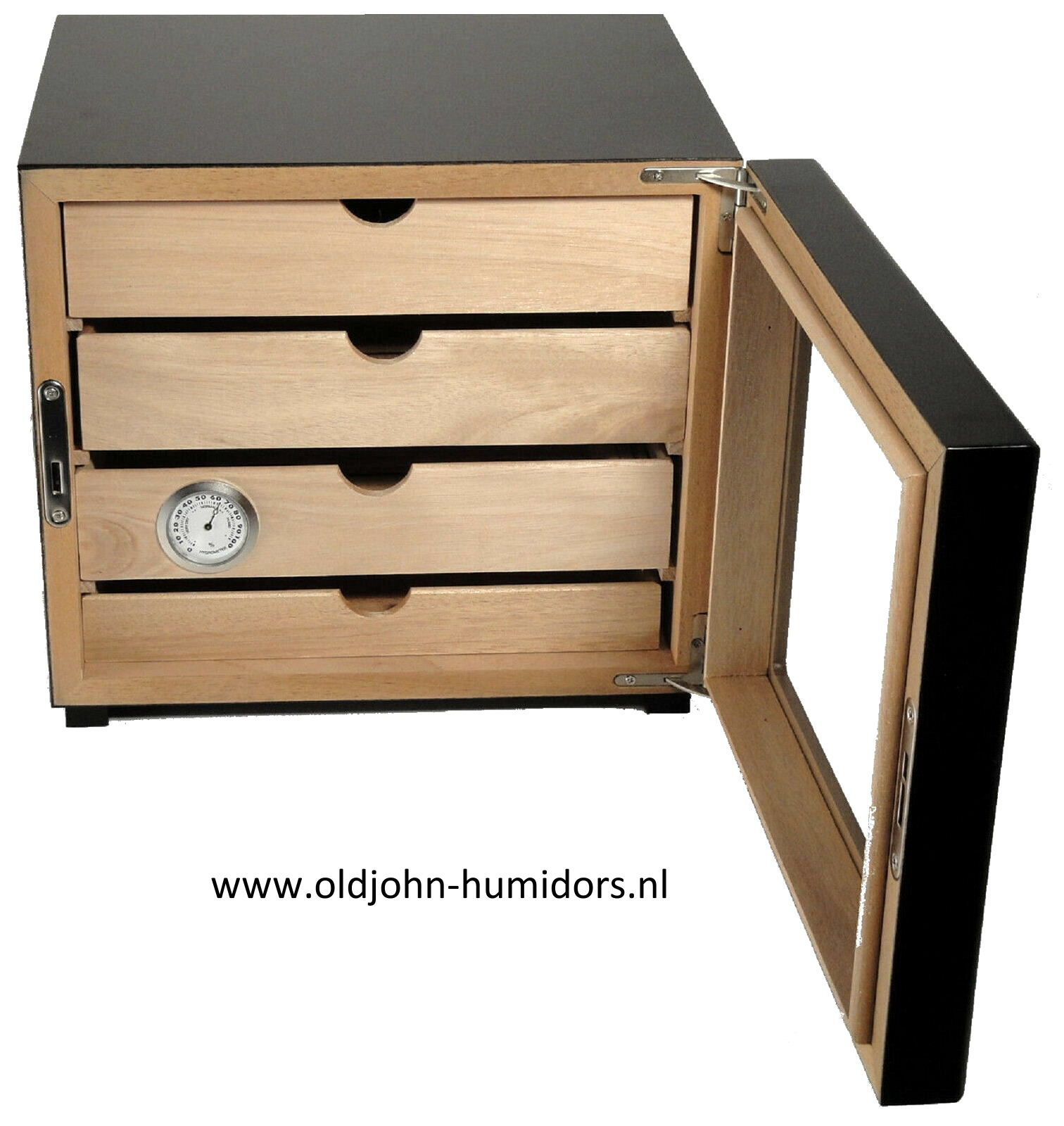 humidor Kabinet 4 laden Zwart met asymmetrisch geplaatste hygrometer en slot