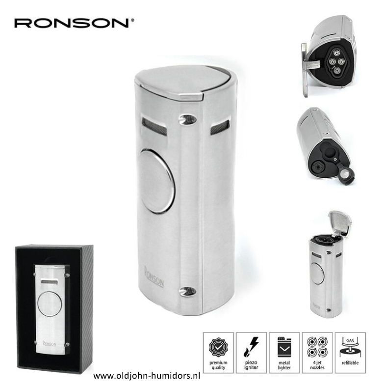 RO3: Ronson Volcano 4 x Jetflame aansteker + Sigarenboor Chrome Satin
