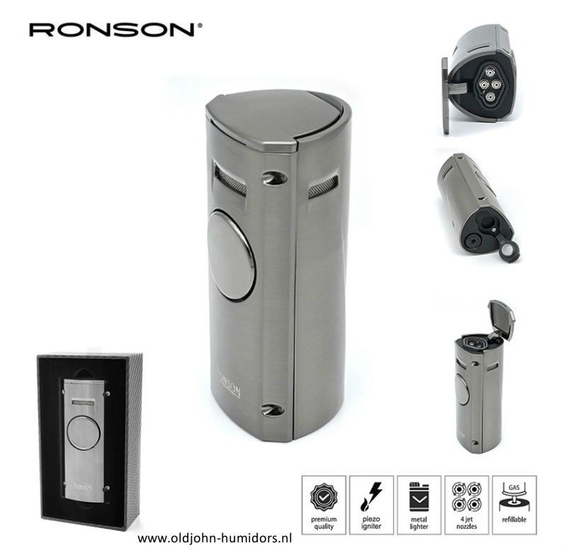 RO4:  Ronson Volcano  4 x Jetflame aansteker   + Sigarenboor  Gun Metal
