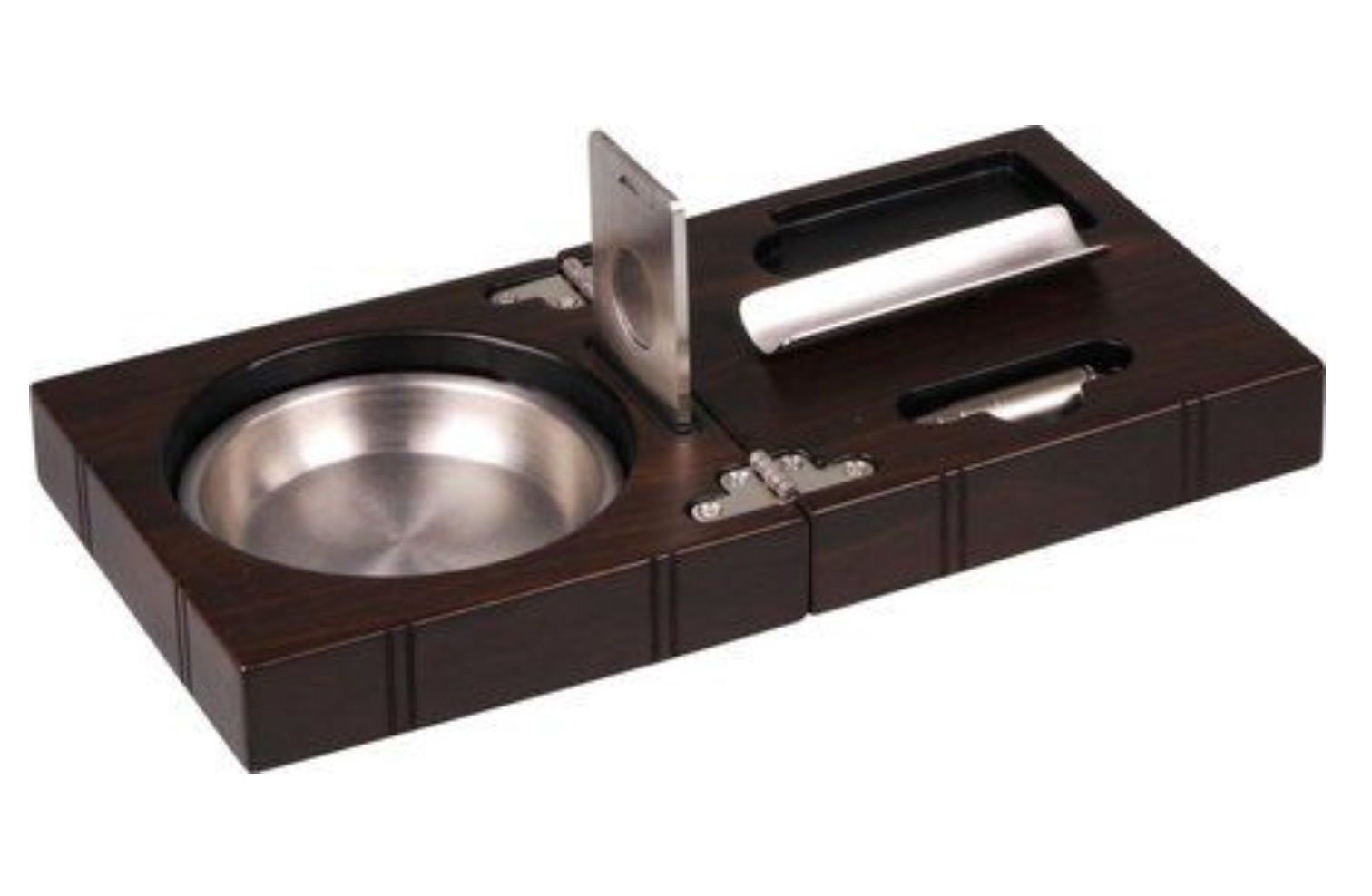 SAB25  Sigarenasbak set van walnoot met sigaarasbak, knipper en boor - afsluitbaar  - 1 verlengde legger -  verkoop via oldjohn-humidors.nl