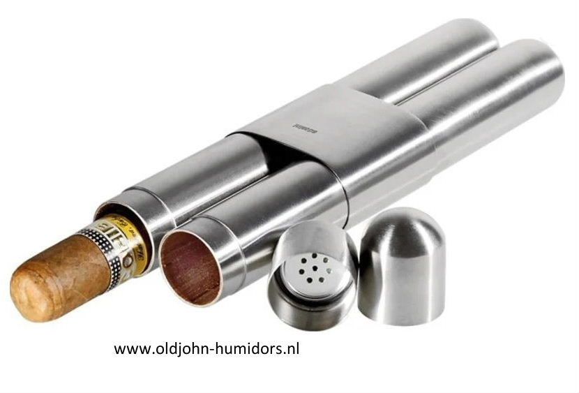 Adorini sigarenkoker met bevochtiger metaal cederhout voering  2 sigaren oldjohn-humidors.nl