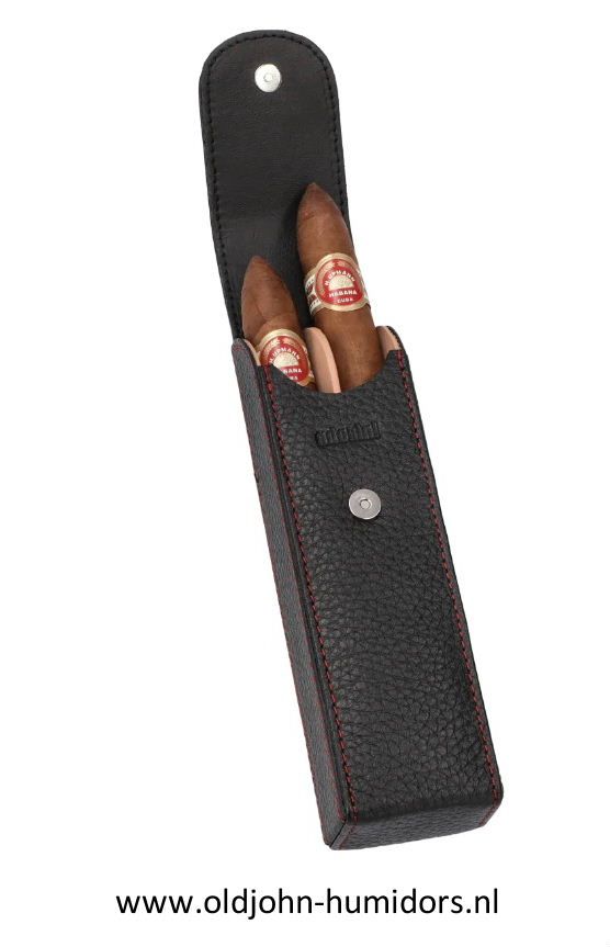SK81 Adorini sigarenkoker  tbv 2 sigaren. Zwart, echt  leer met rood stiksel. verkoop door oldjohn-humidors.nl