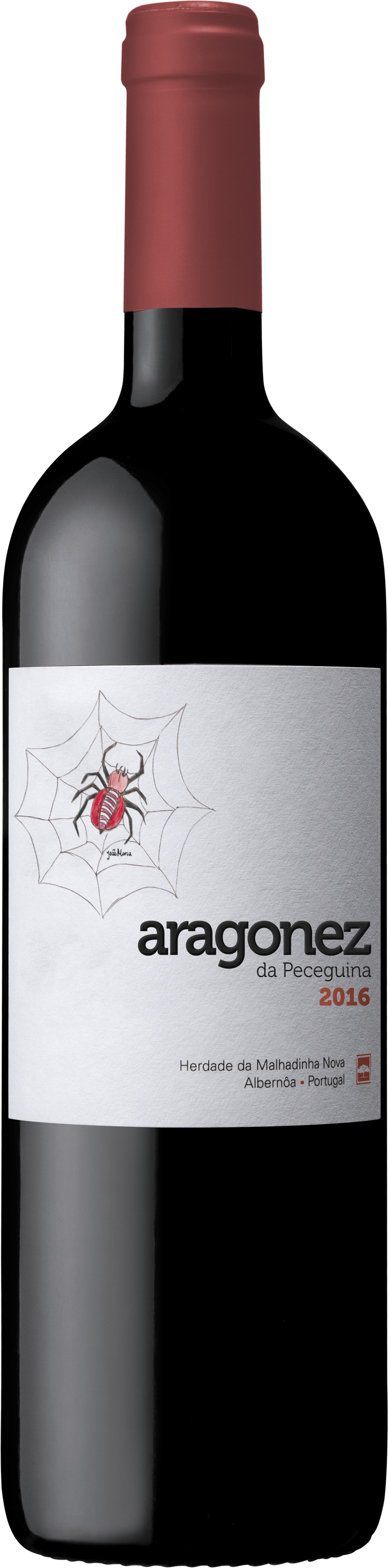 Wine bottle with white label, red cap, and dark glass. Label says