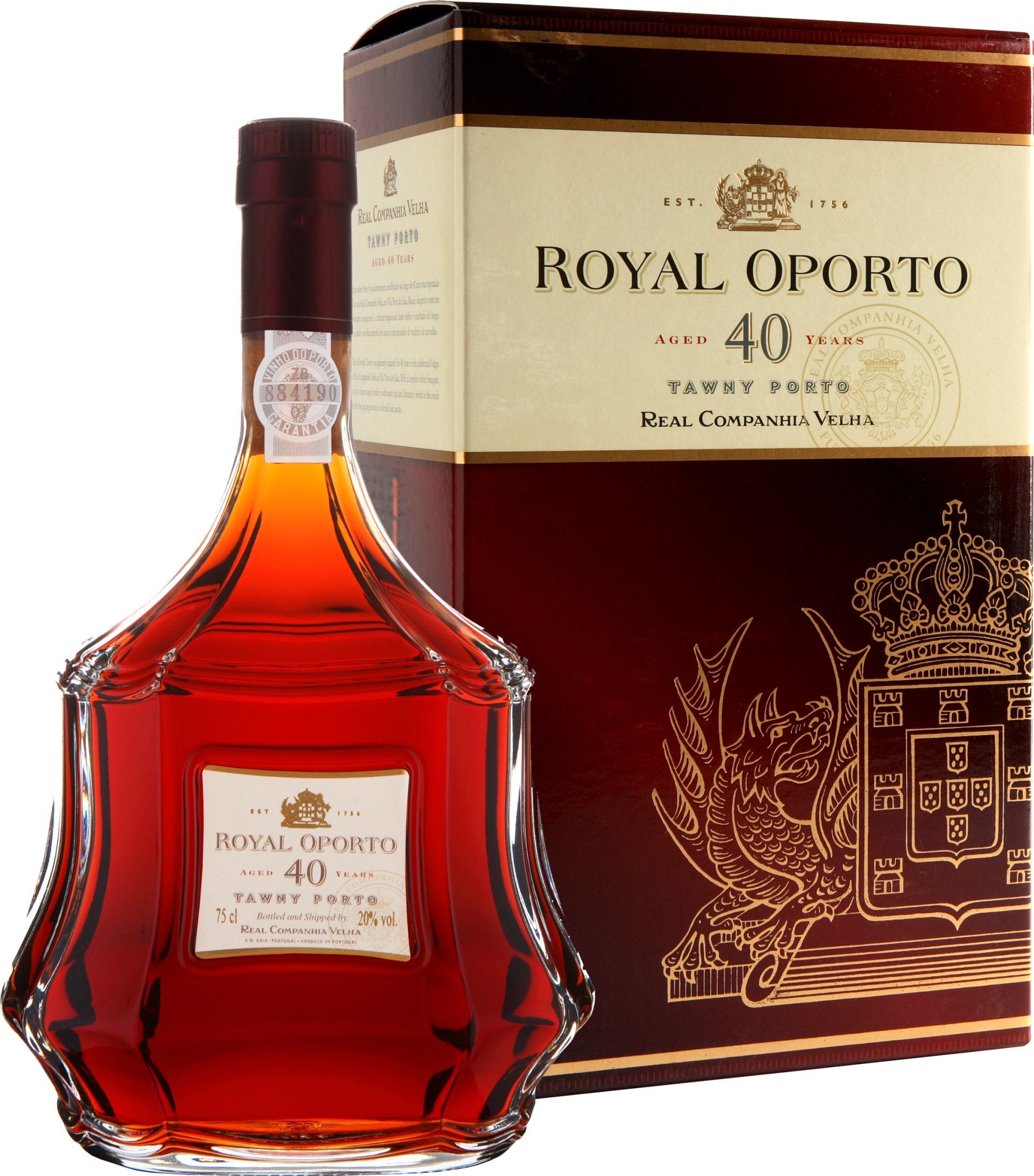 Bottle of Royal Oporto 40 Year Tawny Port wine with box; amber liquid, dark red label, gold lettering.