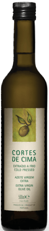 Bottle of Cortes de Cima extra virgin olive oil. Green and white label with olive branch graphic.