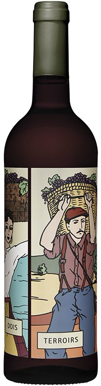 Wine bottle with a label showing two men harvesting grapes.