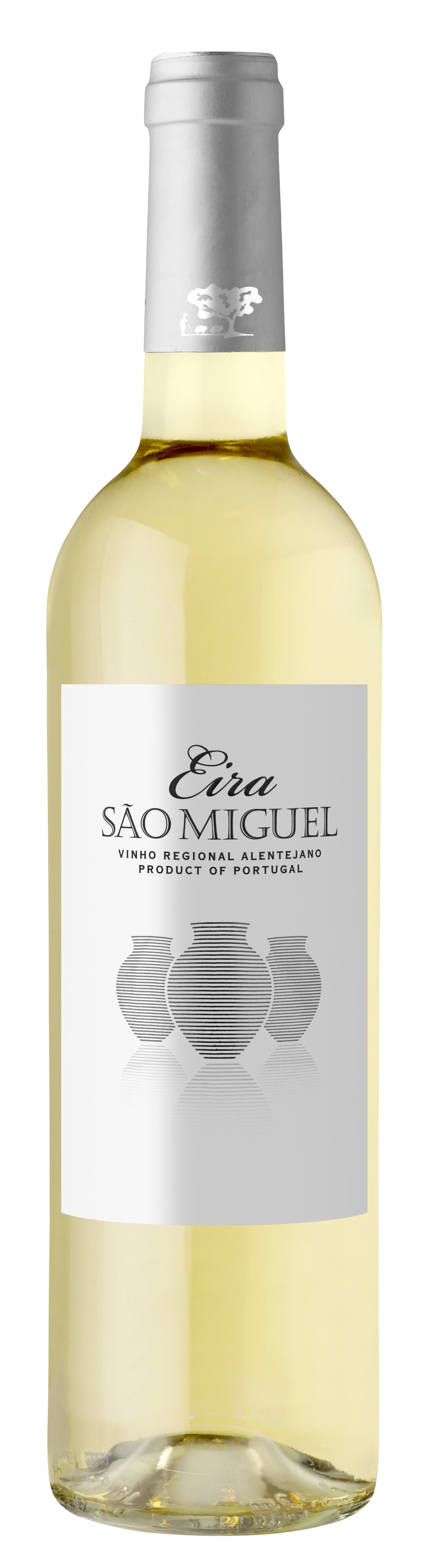 White wine bottle with a silver cap and a white label.