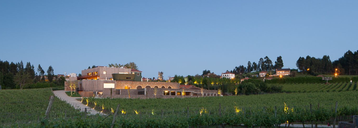 Modern winery building at dusk, surrounded by vineyards under a clear blue sky.