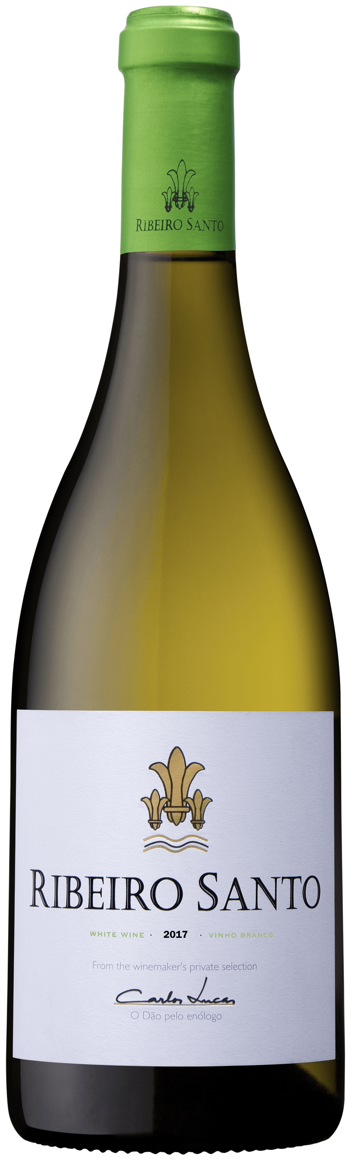 Bottle of Ribeiro Sandi white wine, green and white label.
