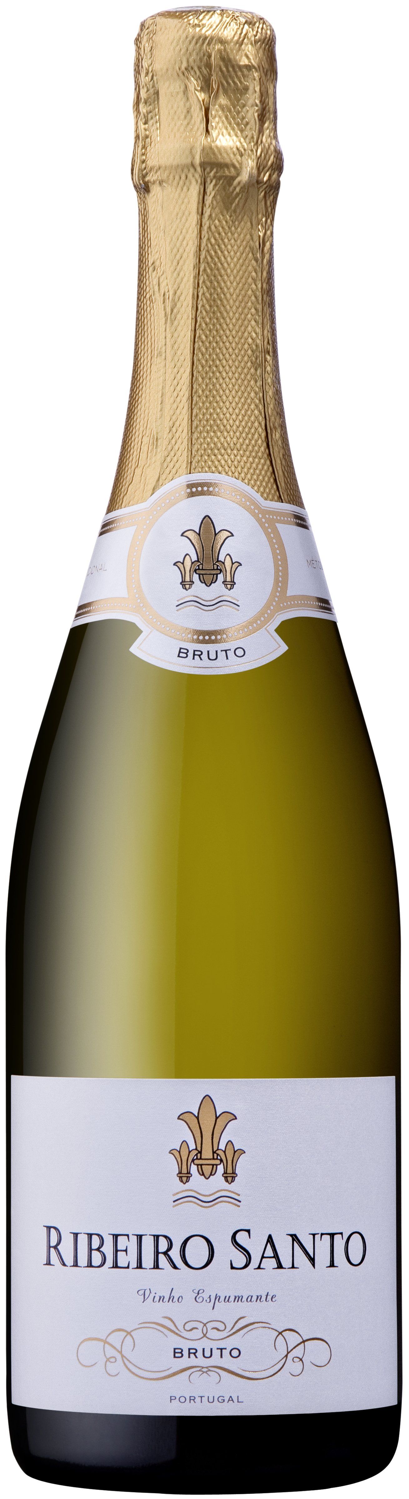 Bottle of Ribeiro Santo sparkling wine. Gold foil neck, white label with ornate text and crest.