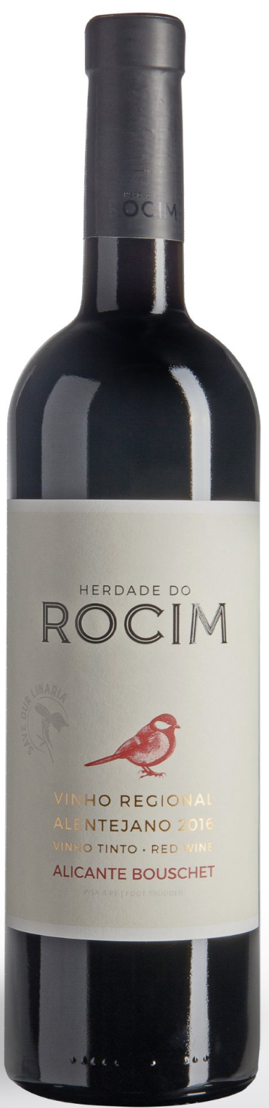 Bottle of Rocim red wine, label with a bird illustration. Dark glass, gray label, neutral background.