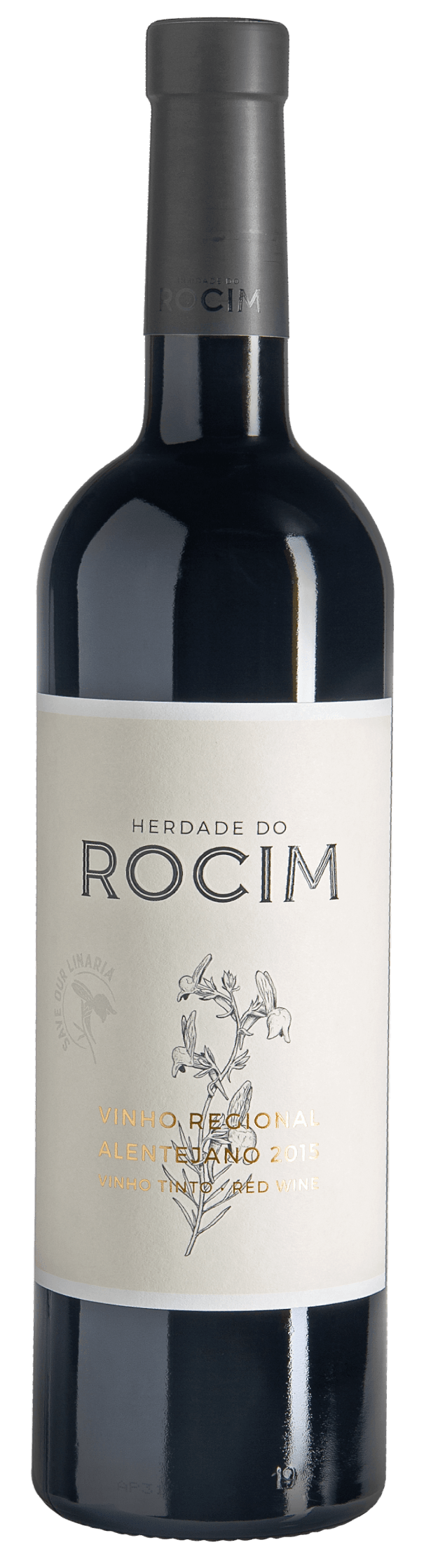 Bottle of red wine with a white label, the name