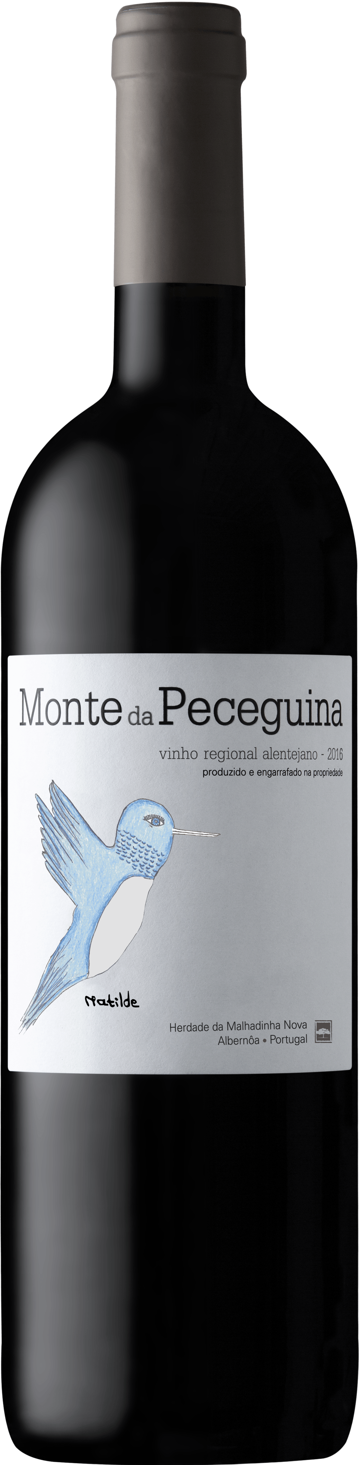 Bottle of Monzon de Peoonquin wine with a blue hummingbird label.