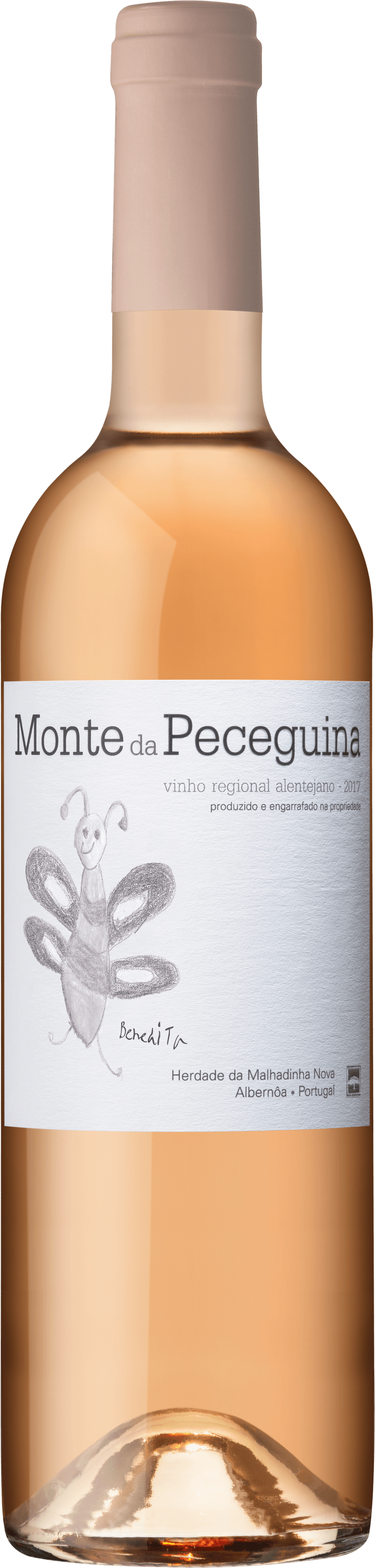 A bottle of rosé wine with a light pink liquid inside, with a label and a pale pink cap.