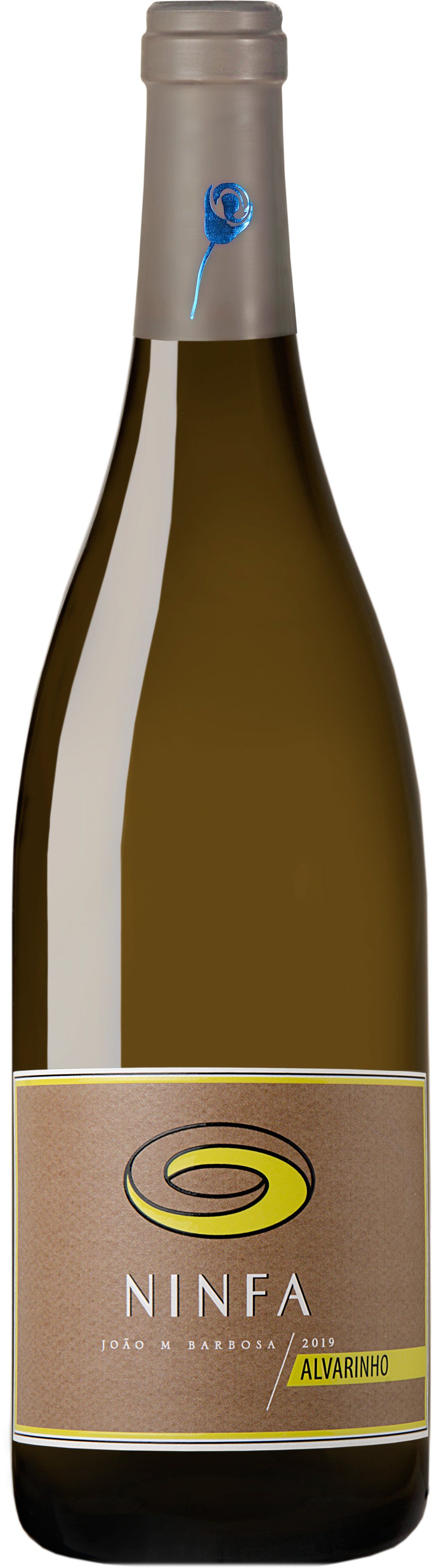 Wine bottle with brown label, gold trim, and a stylized