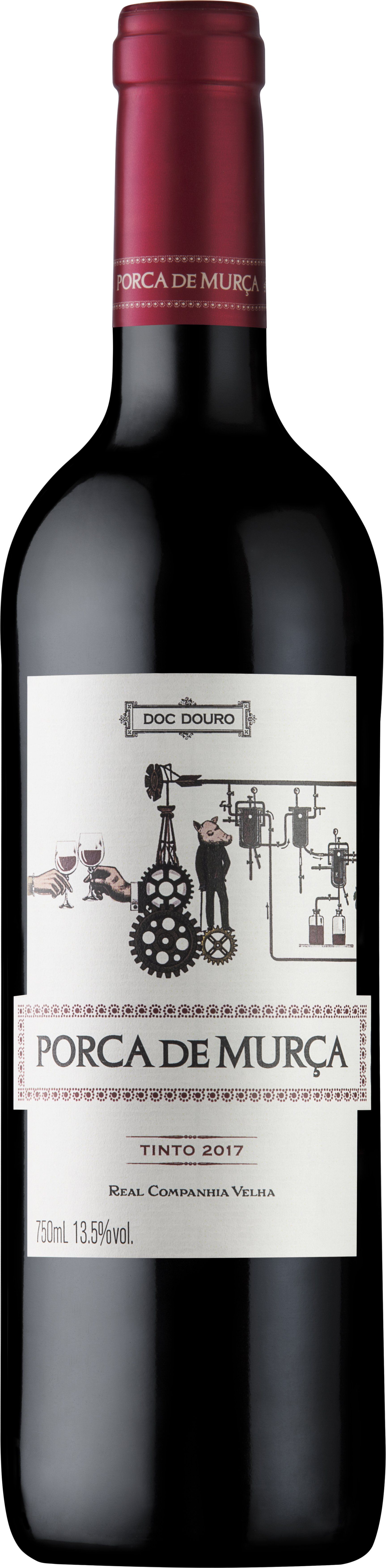 Wine bottle with a burgundy top and a white label featuring illustrations and