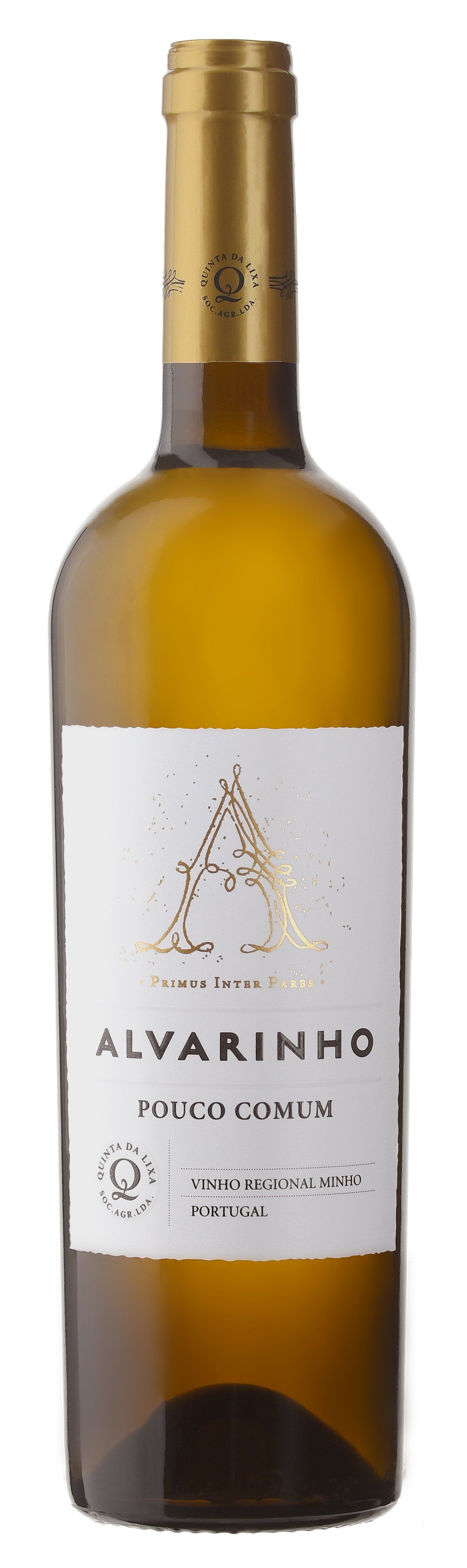 A bottle of Alvarinho white wine, with a white label featuring a golden tree design.