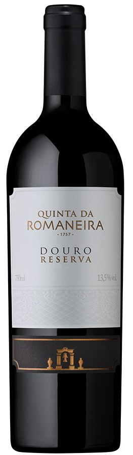 A Quinta da Romaneira Douro Reserva wine bottle with a black label, on a white background.