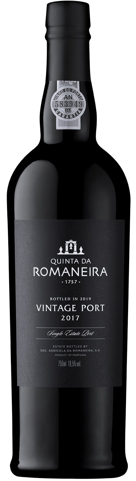 Bottle of Quinta da Romaniera Vintage Port 2017 wine; dark bottle with dark gray label.
