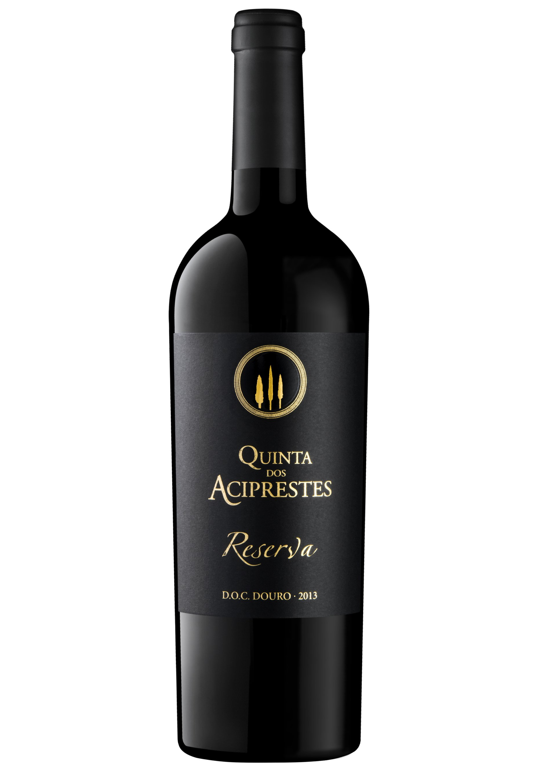 Black wine bottle with a dark label, gold accents, and the text