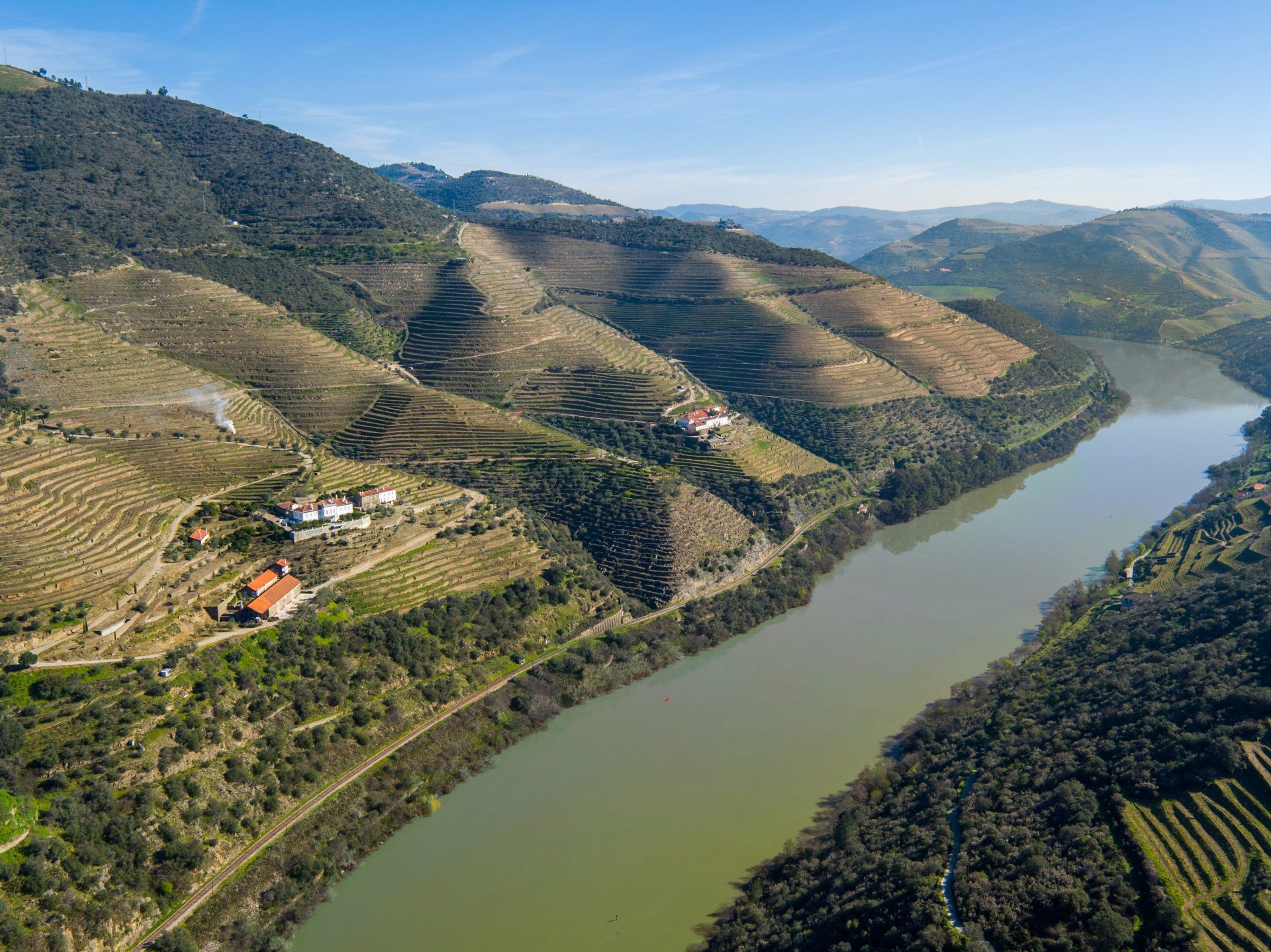 River winding through terraced hills, vineyards, and trees under a clear blue sky.