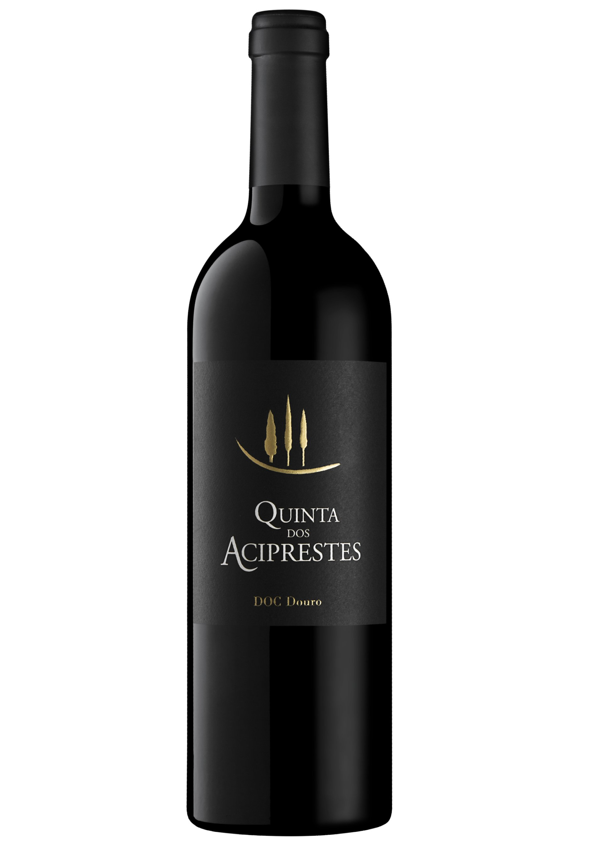 Bottle of Quinta da Abrigada red wine with a black label and gold accents.