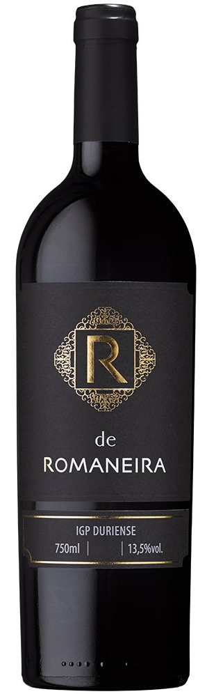 Dark wine bottle with black label, gold accents, and