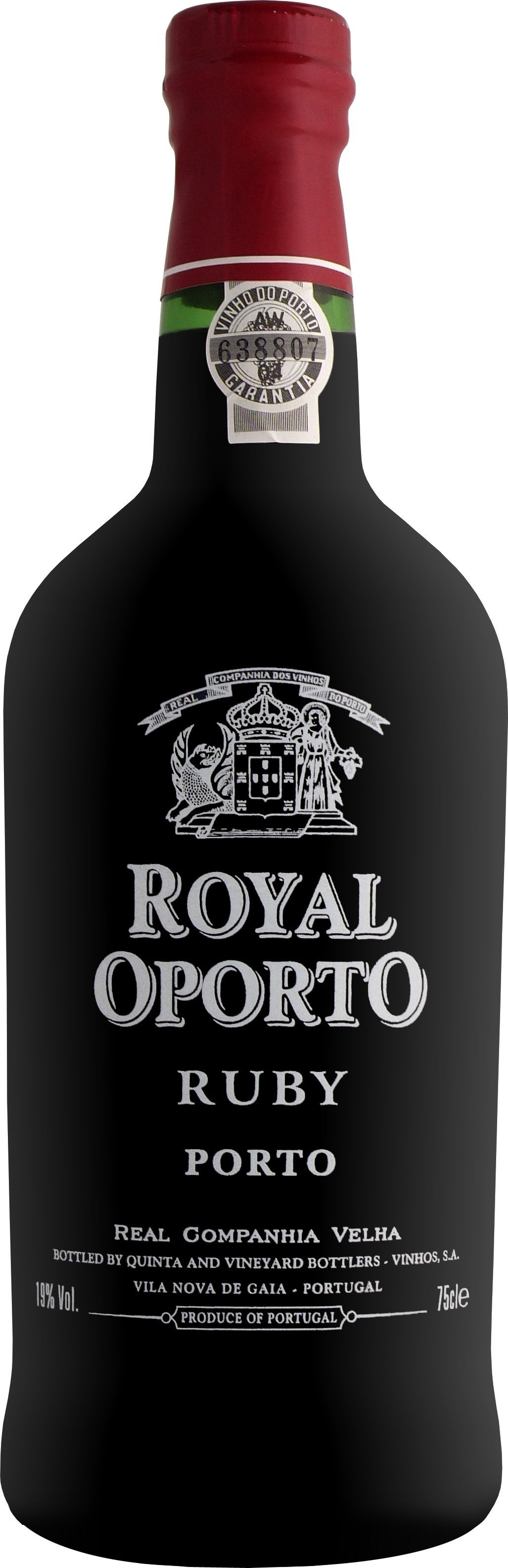 Bottle of Royal Oporto Ruby Porto wine with dark red wax seal and green and white label.