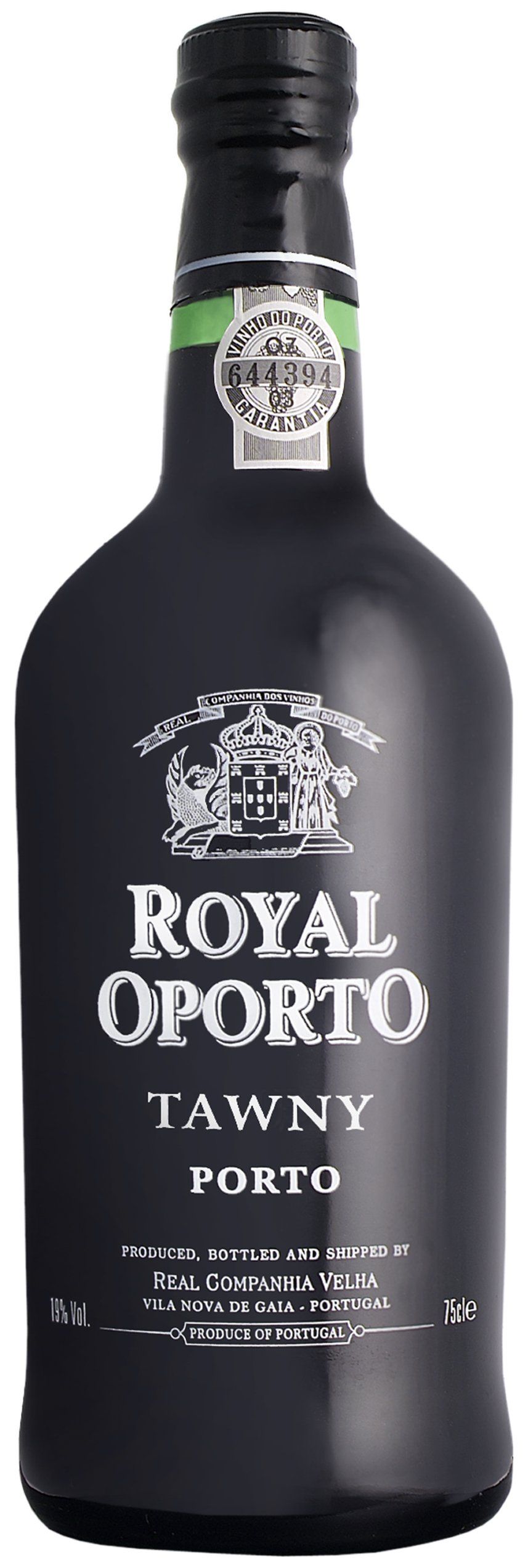 Bottle of Royal Oporto Tawny Porto wine with black label and green seal.