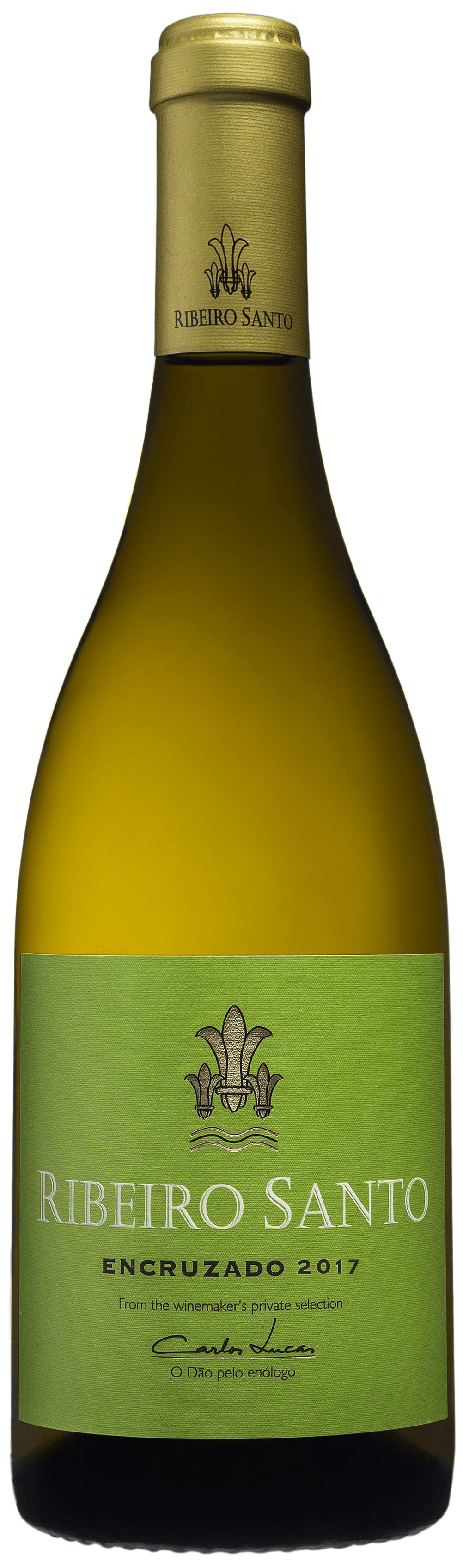 Wine bottle with green label and gold cap. The label has text