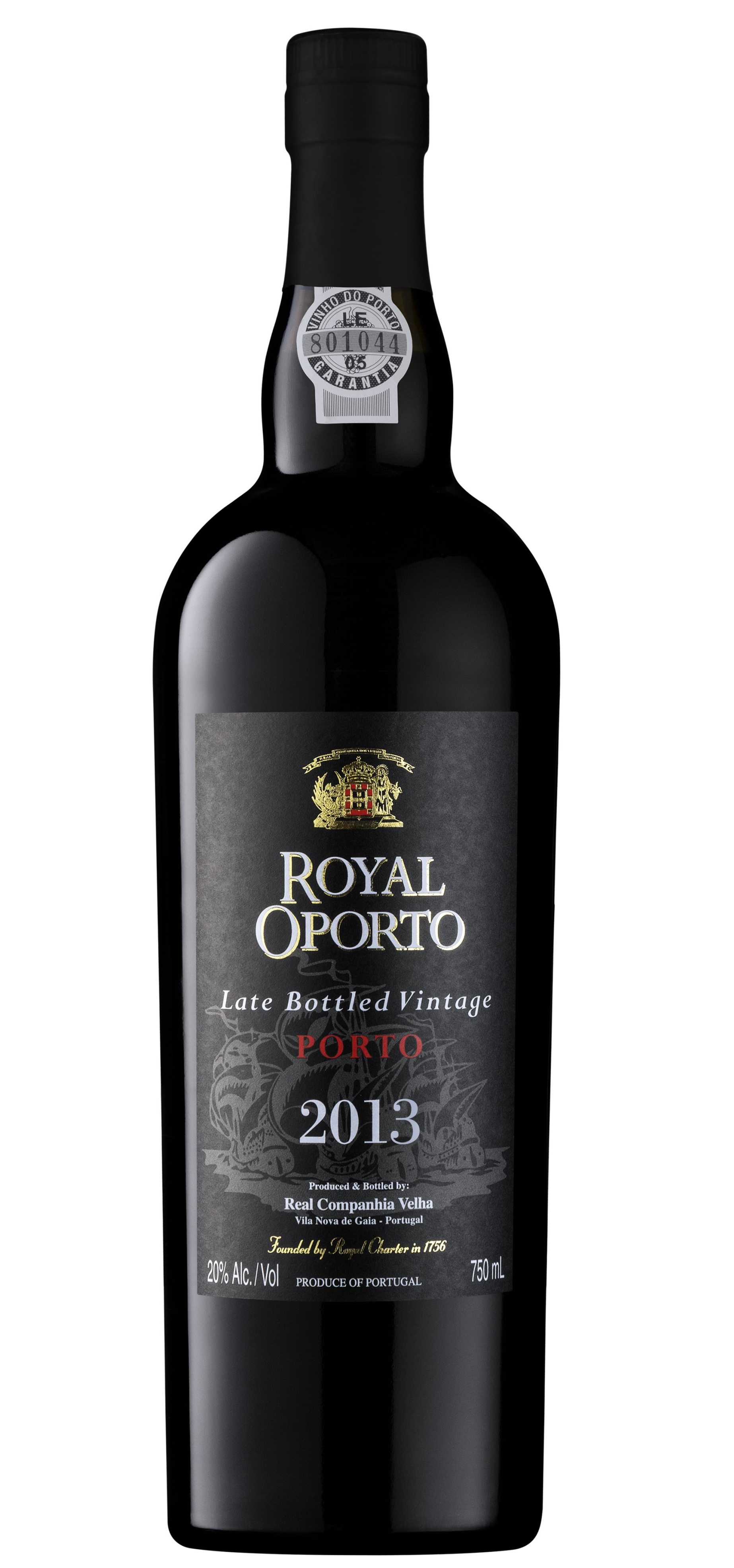 Bottle of Royal Oporto wine, dark label with gold text,