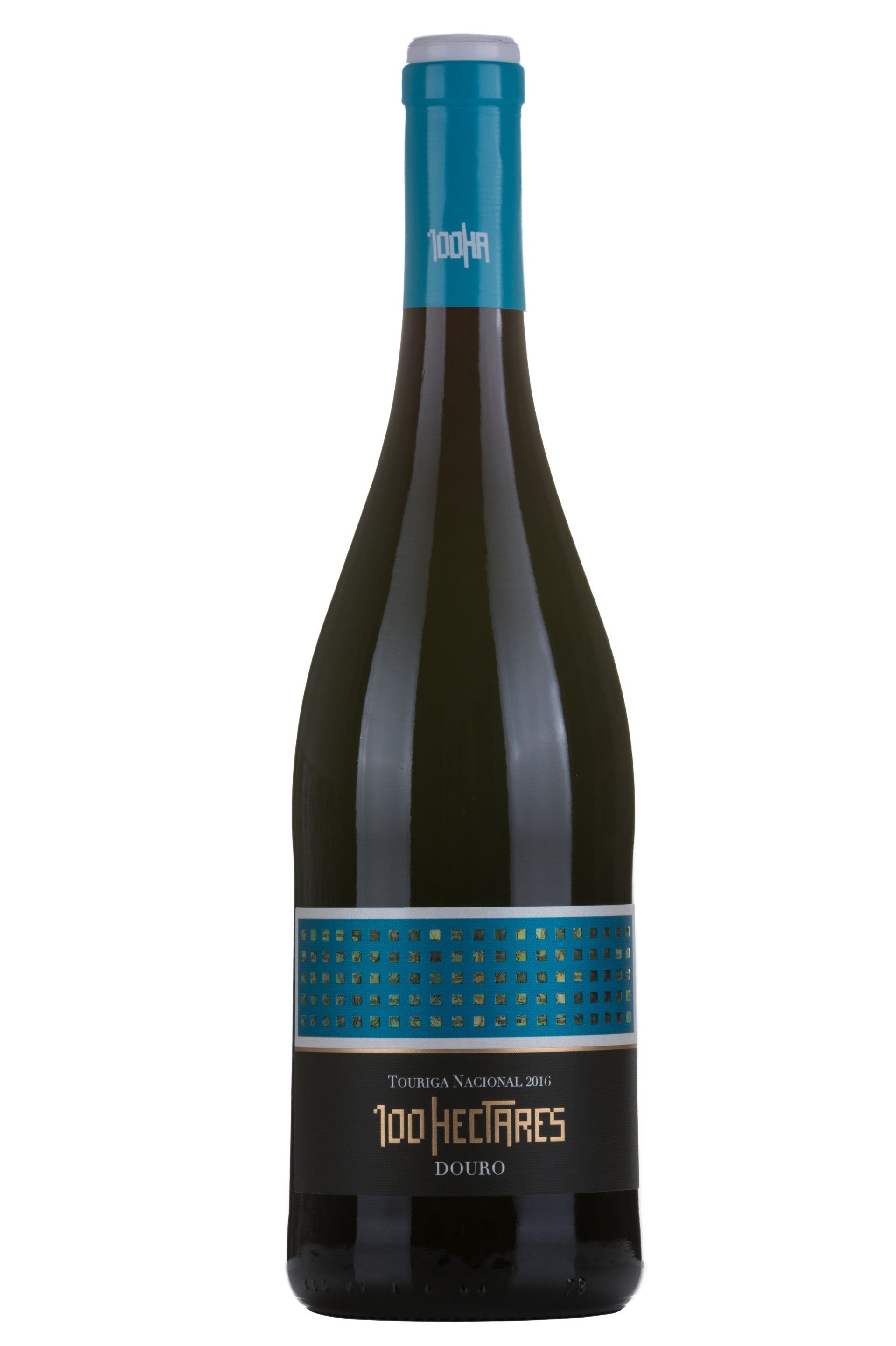 Bottle of wine with teal and black label,