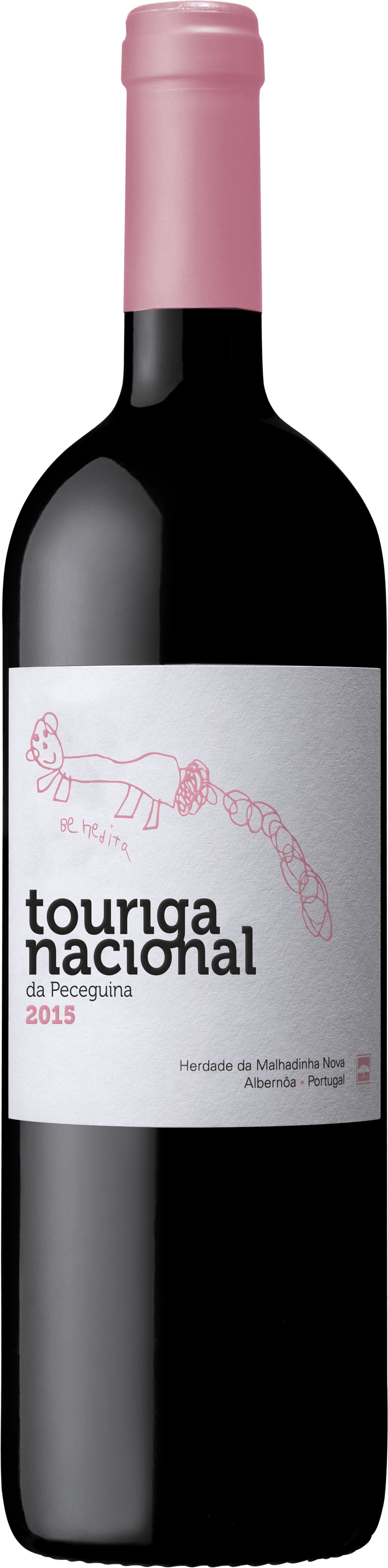 Wine bottle with a pink top and a white label, the label has the words