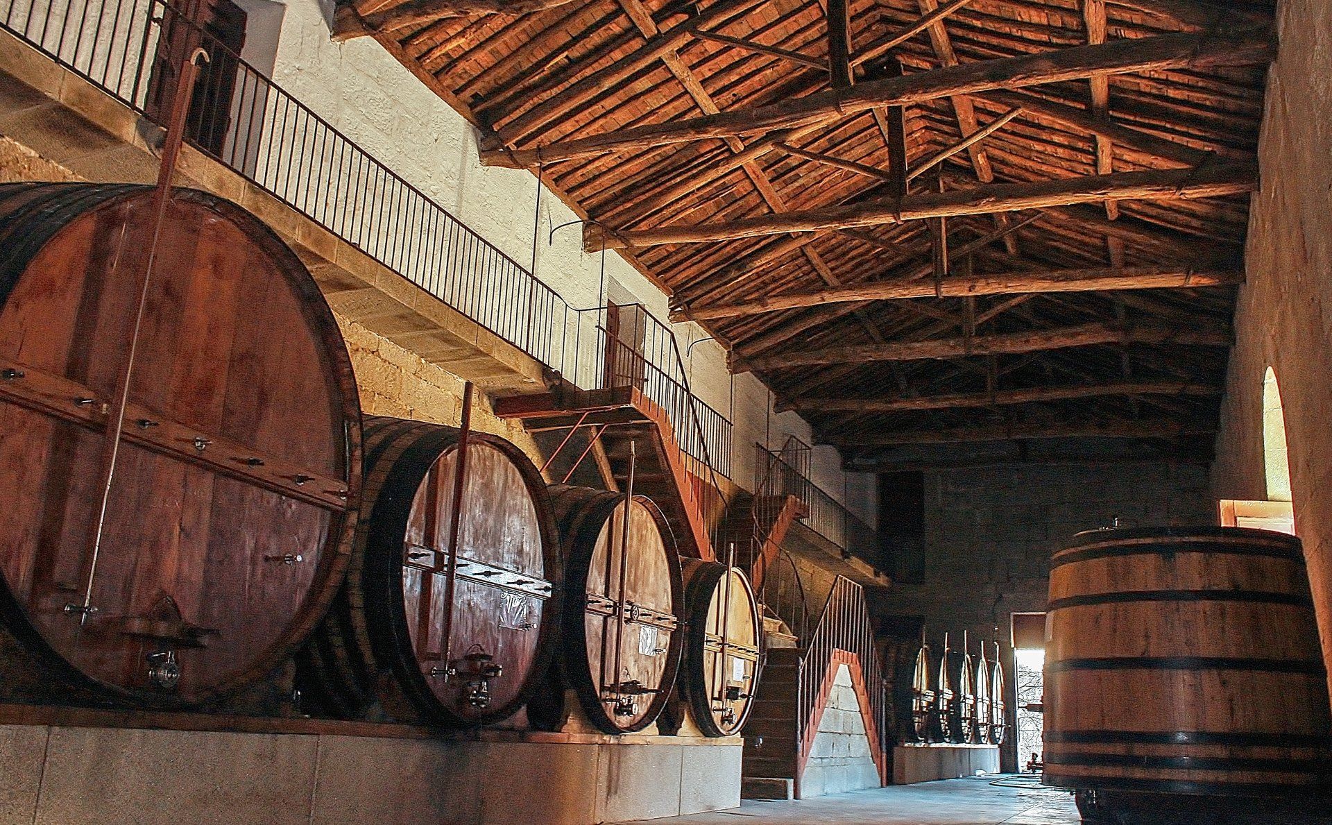 Large wooden wine barrels in a rustic cellar, under a timber roof.