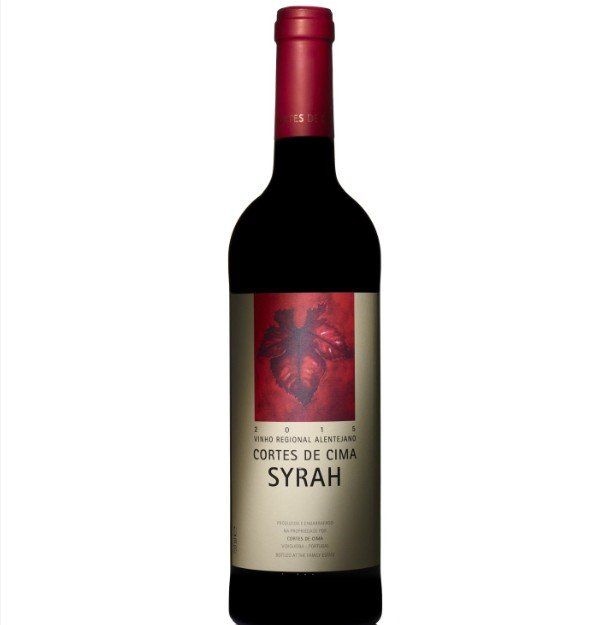 Bottle of Cortes de Cima Syrah wine with a burgundy label and a red cap.
