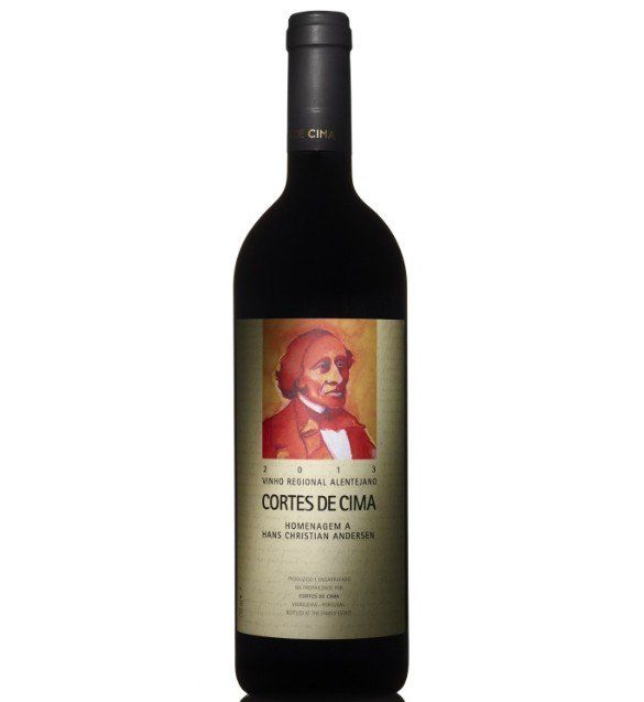 Wine bottle with a label featuring a portrait of a man, likely Cortes de Cima.