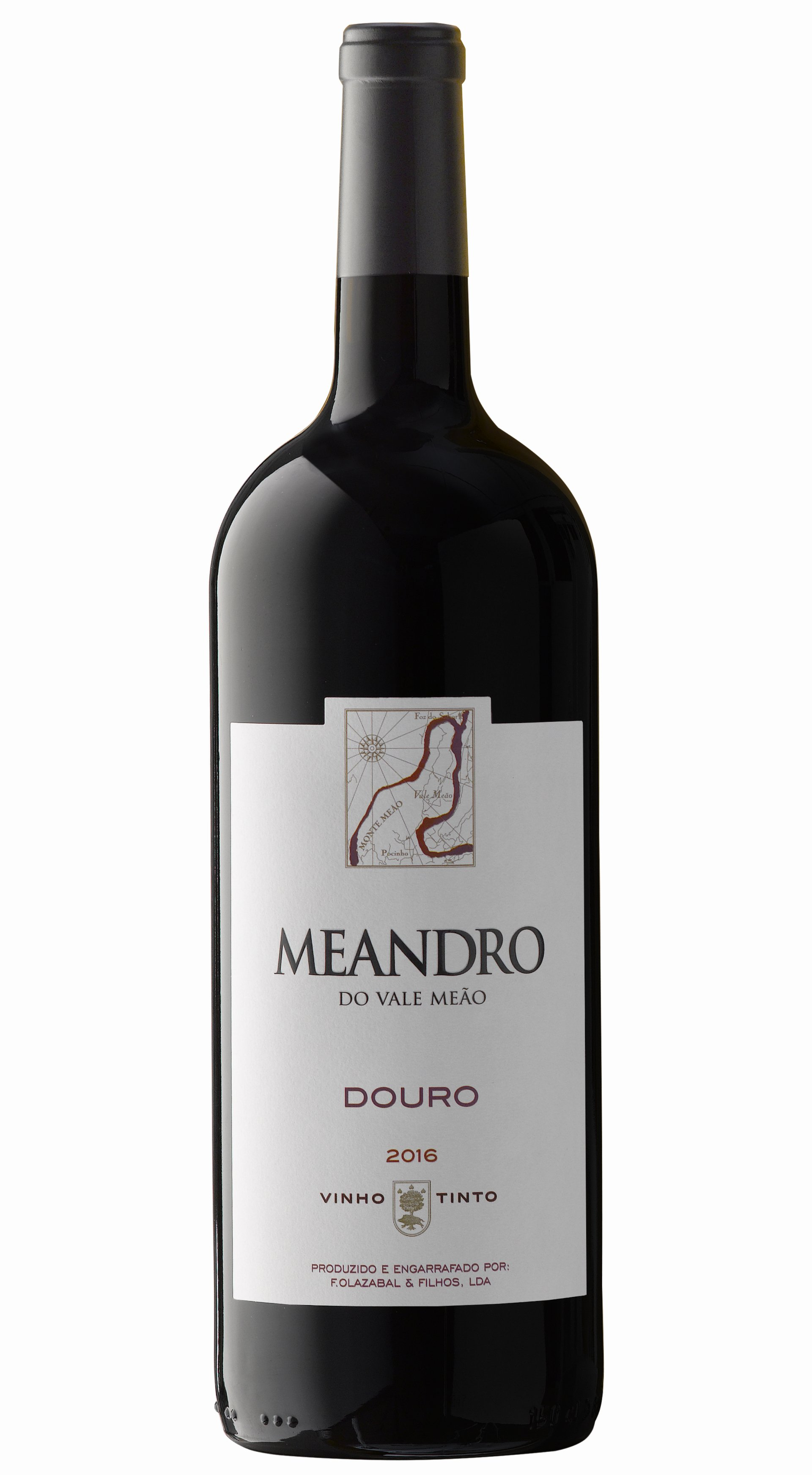 Bottle of Meandro Douro red wine with a white label.