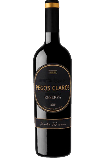 Bottle of Pegos Claros Reserva red wine, black label with gold lettering, on a black background.