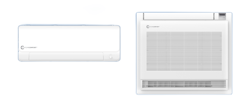 White wall-mounted air conditioner shown front and side views on a white background